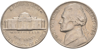 США 5 ЦЕНТОВ 1964 ДЖЕФФЕРСОН KM A192 медно-никель 4114-946
