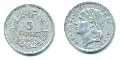 Франция 5 франков 1945 KM 888b.1, Le Franc 339.3 алюминий 47-245