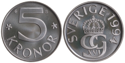 Швеция 5 крон 1994 B, Карл XVI Густав (1973- ) KM 853a медно-никель PROOFLIKE 84-1431