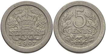 НИДЕРЛАНДЫ 5 ЦЕНТОВ 1907 ВИЛЬГЕЛЬМИНА (1890-1948) KM 137 медно-никель 100-114