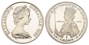 Гибралтар 1 крона 1993 40 лет коронации Елизаветы II KM 143 медно-никель BU 1524-1624