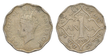 Британская Индия 1 анна 1939 Георг VI (1936-1952) KM 536 медно-никель 4649-338