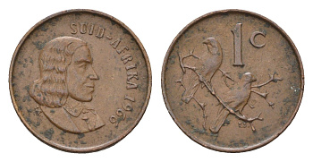 ЮАР 1 цент 1966 Ян ван Рибек (1619-1677), Suid Africa, легенда на африкаанс, капские воробьи KM 65.2 бронза 4669-1223
