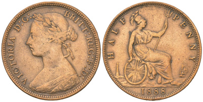 Великобритания 1/2 пенни 1888 Виктория (1837-1901) KM 754, Spink 3956 бронза 4616-654