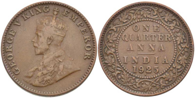 Британская Индия 1/4 анна 1925 Георг VI (1936-1952) KM 512 бронза 119-217