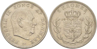 ДАНИЯ 5 КРОН 1961 C; S, ФРЕДЕРИК IX (1947-1972) KM 853.1 медно-никель 38-442