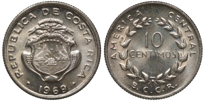 Коста-Рика 10 сентимо 1969 KM 185.2 медно-никель UNC M53-05