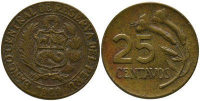 Перу 25 сентаво 1969 KM 246.2, Schon 51 латунь 4532-627