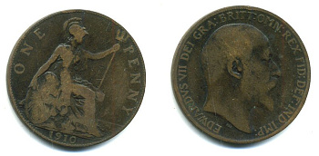 Великобритания 1 пенни 1910 Эдуард VII (1901-1910) KM 794.2, Spink 3990 бронза 47-822