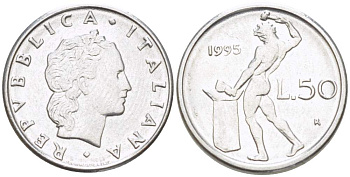 ИТАЛИЯ 50 ЛИР 1995 R, КУЗНЕЦ, ВУЛКАН БОГ ОГНЯ, ДИАМЕТР 16,5 ММ. KM 95.2 нержавеющая сталь 4528-116