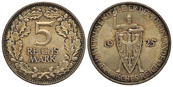 Германия 5 марок 1925 F, 1000 летие Рейнланда Weege 25, J. 322, KM 46 серебро 00-812-24