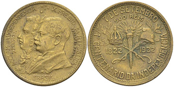 БРАЗИЛИЯ 500 РЕЙС 1922 100 ЛЕТ НЕЗАВИСИМОСТИ, ДОН ПЕДРО И ПРЕЗИДЕНТ ПЕСОА KM 521.1 алюминиевая бронза 4529-331