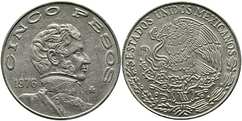 МЕКСИКА 5 ПЕСО 1976 ВИСЕНТЕ ГЕРРЕРО, LARGE DATE KM 472 медно-никель 114-1032