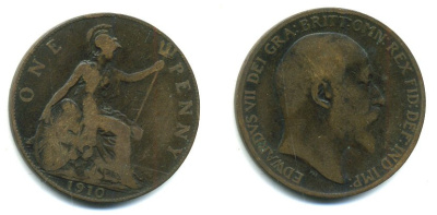 Великобритания 1 пенни 1910 Эдуард VII (1901-1910) KM 794.2, Spink 3990 бронза 47-822