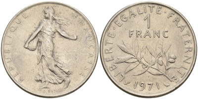 Франция 1 франк 1971 сеятель KM 925.1 никель      4603-122