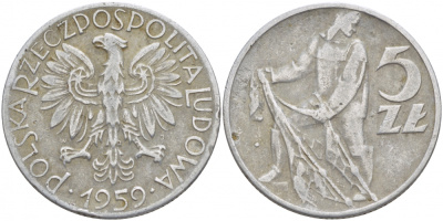 Польша 5 злотых 1959 MW, рыбак KM 47 алюминий 4179-1333
