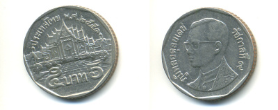 Таиланд 5 батов 2008 BE2551, король Рама IX, дворец KM 219 медь плакированная медно-никелем 177-914