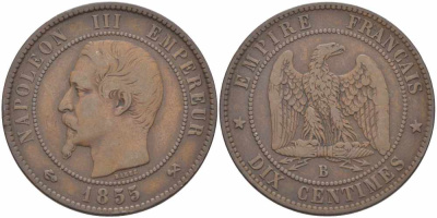 Франция 10 сантимов 1855 B, Наполеон III (1852-1870) KM 771.2, Le Franc 133.21 бронза    4680-535