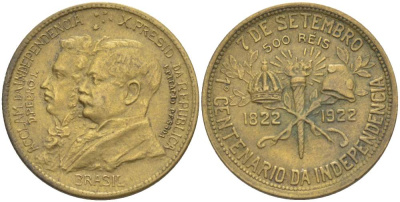 БРАЗИЛИЯ 500 РЕЙС 1922 100 ЛЕТ НЕЗАВИСИМОСТИ, ДОН ПЕДРО И ПРЕЗИДЕНТ ПЕСОА KM 521.1 алюминиевая бронза 4529-331