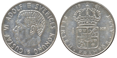 Швеция 1 крона 1961 TS, Густав VI Адольф (1950-1973) KM 826 серебро 4178-743