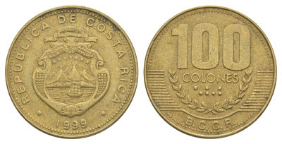 Коста-Рика 100 колонов 1999 KM 230a.1 алюминиевая бронза 4631-437