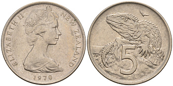 Новая Зеландия 5 центов 1970 Елизавета II (1952-2022), ящерица гаттерия KM 34.1 медно-никель    4602-651