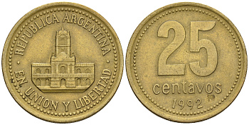 Аргентина 25 сентаво 1992 ратуша Буэнос-Айреса KM 110.1 алюминиевая бронза 87-132