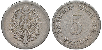 ГЕРМАНИЯ 5 ПФЕННИГОВ 1875 A, СТАРОГЕРБОВКА KM 3, J.3 медно-никель 45-441