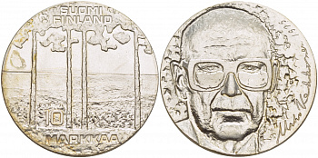 Финляндия 10 марок 1975 S-H, 75 лет президенту Урхо Кекконену KM 54 серебро UNC 1515-1541