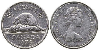 КАНАДА 5 ЦЕНТОВ 1979 ЕЛИЗАВЕТА II, БОБЕР KM 60.2 никель 4364-2514