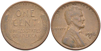 США 1 ЦЕНТ 1956 D, ЛИНКОЛЬН KM А132 медь цинк 218-269