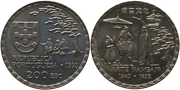 Португалия 200 эскудо 1993 INCM, 450 лет искусству намбан KM 668 медно-никель aUNC 00-00