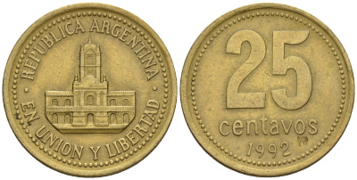 Аргентина 25 сентаво 1992 ратуша Буэнос-Айреса KM 110.1 алюминиевая бронза 87-132