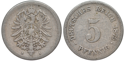 ГЕРМАНИЯ 5 ПФЕННИГОВ 1875 A, СТАРОГЕРБОВКА KM 3, J.3 медно-никель 45-441