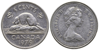КАНАДА 5 ЦЕНТОВ 1979 ЕЛИЗАВЕТА II, БОБЕР KM 60.2 никель 4364-2514