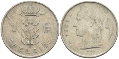 БЕЛЬГИЯ 1 ФРАНК 1951 BELGIE, БОДУЭН I (1951-1993) KM 143.1 медно-никель 119-536