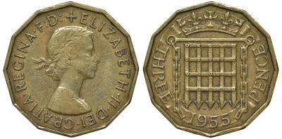 Великобритания 3 пенса 1955 Елизавета II (1952-2022) KM 900, Spink 4153 никель латунь 4122-926