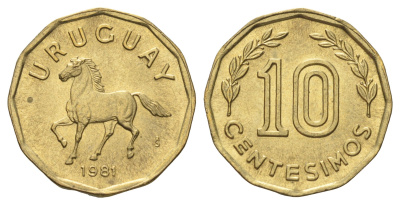 Уругвай 10 сентесимо 1981 KM 66 алюминиевая бронза UNC 4668-1046