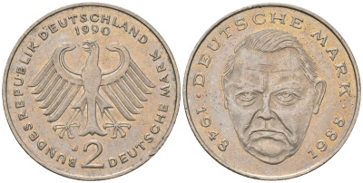 ФРГ 2 марки 1990 J, Людвиг Эрхард, 40 лет Федеративной Республике KM 170 медно-никель 4572-1116