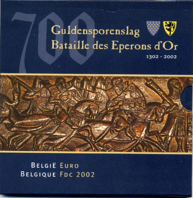 Бельгия евронабор из 8 монет + жетон 2002 700 лет битве при Куртре,  в оригинальном картонном буклете    UNC  6-5-3-20