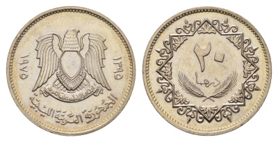 Ливия 20 дирхамов 1975 год-тип KM 15 сталь плакированная медно-никелем UNC M72-17