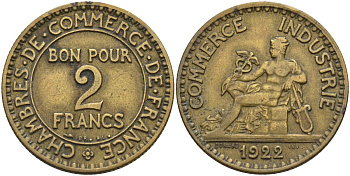 Франция 2 франка 1922 Третья республика (1871-1940) KM 877, Le Franc 267.7 алюминиевая бронза 4144-312