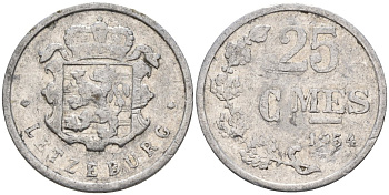 Люксембург 25 сантимов 1954 Герцог Жан (1964-1999) KM 45a алюминий 4596-838