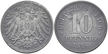 ГЕРМАНИЯ 10 ПФЕННИГОВ 1918 KM 26, J. 299 цинк 4401-134