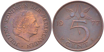 Нидерланды 5 центов 1977 Юлиана (1948-1980) KM 181 бронза 210-1224