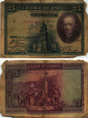 Испания 25 песет 1928 Мадрид, 15 августа 1928, Педро Кальдерон де ля Барка, серия В3463444, республиканский выпуск Pick 74 b  бумага   8608-18-2-1