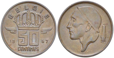 Бельгия 50 сантимов 1967 Belgie, Бодуэн I (1951-1993) KM 149.1 бронза 214-211