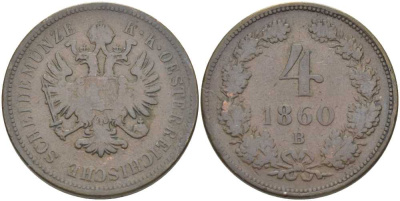 АВСТРИЯ 4 КРЕЙЦЕРА 1860 В, ФРАНЦ II (1792-1835) KM 2194 медь 180-544