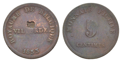 Бельгия, Вильворде 5 сантимов 1833 тюремный токен медь 1522-1325
