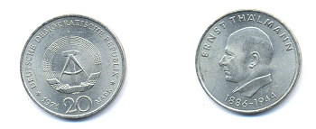 ГДР 20 марок 1971 A, 85 лет со дня рождения Эрнста Тельмана KM 34, J. 1535 медно-никель 3333-611